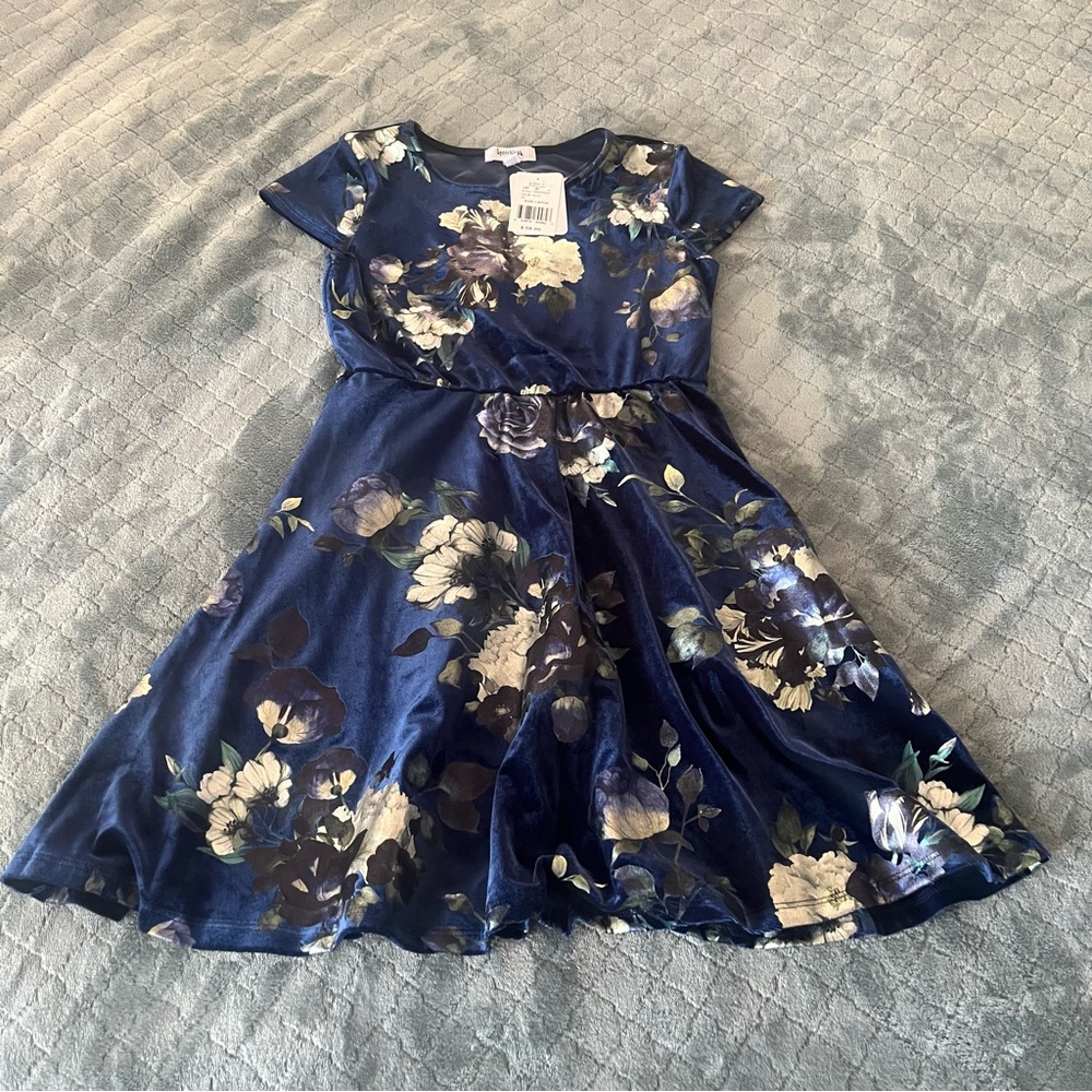 Speechless Kids Navy Blue Floral Velvet Skater Dress Girls Large NWT